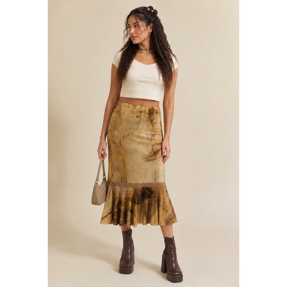 Boho Fairygrunge Y2K 90s Wet Seal Brown Yellow Tie Dye Lace Ruffle Midi M Skirt
